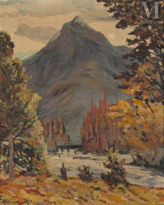 une peinture à l'huile représentant un paysage de montagne avec des arbres et une rivière