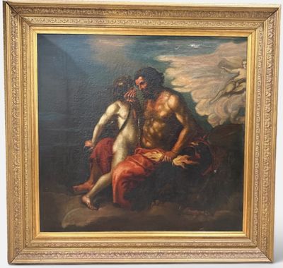 a painting of a man and a woman sitting on a rock