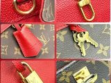 a collage of photos of a red louis vuitton bag