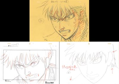 three sketches of a man with glasses and a yellow background