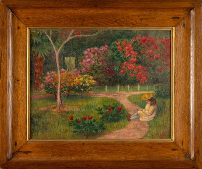 an oil painting of a woman sitting on a path in a garden