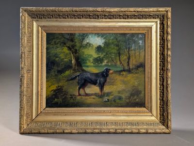 une peinture à l'huile représentant un chien noir debout dans un bosquet