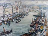 une peinture de bateaux sur l'eau dans un port
