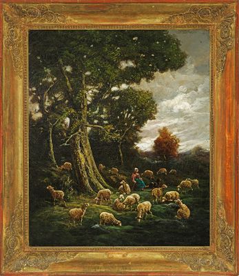 tableau représentant un tableau montrant des moutons dans un paysage boisé, avec un homme à cheval