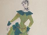 un dessin représentant une femme en robe verte avec un caniche