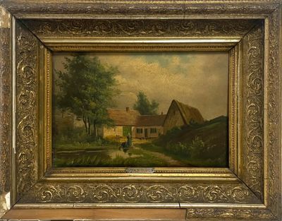 une peinture à l'huile représentant une scène de campagne avec une maison et un cheval