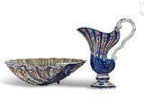 a blue and white bowl and a blue and white pitcher