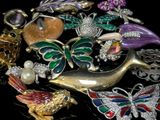 a lot of brooches that are sitting on a table