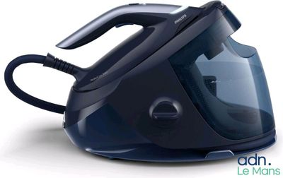 a black and blue steam iron sitting on a white surface