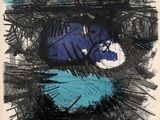 un dessin représentant un visage en noir et bleu sur fond blanc