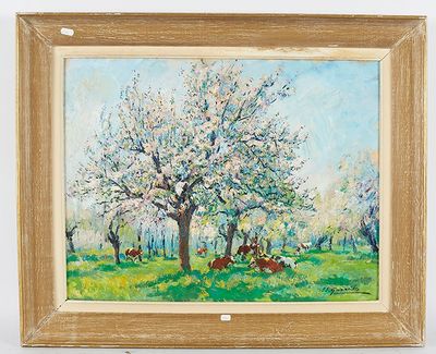 an oil painting of two horses in a field with trees