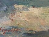 an oil painting of a surfer in the ocean with a wave coming towards him