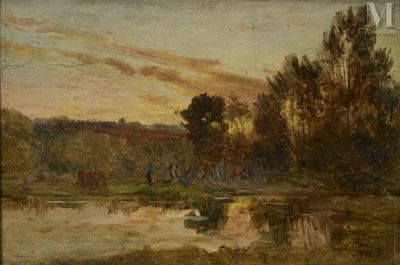 l'image d'une peinture représentant une rivière avec un bateau dans l'eau