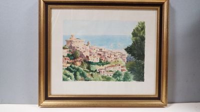 tableau encadré représentant une vue d'une ville située sur une colline surplombant l'océan
