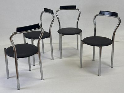 CALLIGARIS Quatre chaises en acier chromé, galette skaï rain…