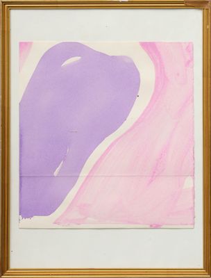 purple and pink abstract painting in a gold frame on a white wall