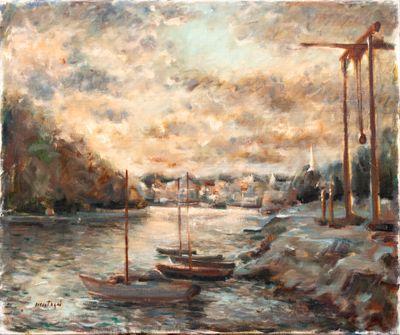 a painting of boats on the water near a dock
