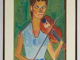 painting of a woman holding a violin in her right hand