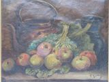 a painting of a still life with apples and a teapot