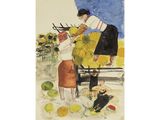 an image of a painting of a woman sitting on a bench next to a child