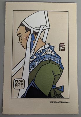 a drawing of a woman with a white hat on