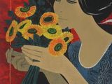 painting of a woman holding a bouquet of sunflowers in front of a red wall
