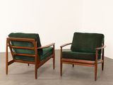 pair of danish lounge chairs in teak and green upholstered upholstered