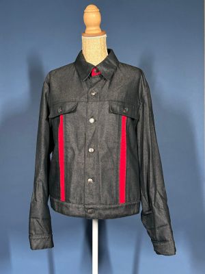 black leather jacket with red and white stripes on a mannequin