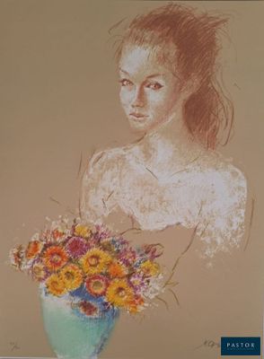 tableau représentant une femme avec un vase de fleurs devant elle
