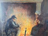 painting of a man and a woman sitting by a fire in a living room