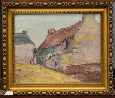 un tableau représentant une maison au toit de chaume, dans un cadre doré