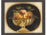 an image of a painting of fruit in a bowl on a black background
