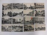 several old black and white photographs of a town with a red flag