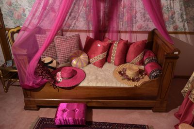 un lit avec un baldaquin rose et des oreillers dessus