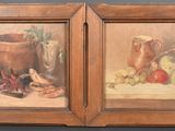 pair of oil paintings of fruit and a pitcher on a table