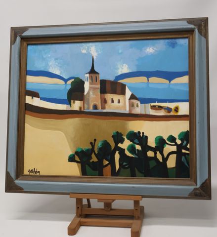 Yves AUBRY (1945-2023) « l’Église au bord de mer ». Huile sur toi...