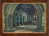 an oil painting of a church with arches and a stained glass window