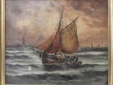 an oil painting of a sailboat in a body of water under a cloudy sky