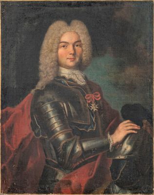 un vieux tableau représentant un homme en armure tenant une épée