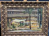 an oil painting of a building with a palm tree in front of it