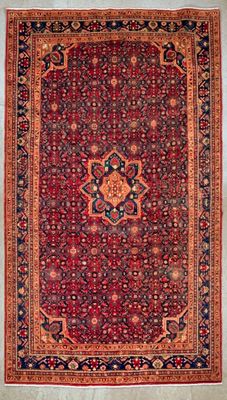 a red and blue rug with a medallion design on it