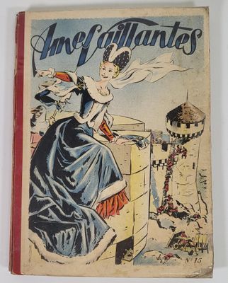 la couverture d'un vieux livre sur laquelle figure une femme en robe bleue