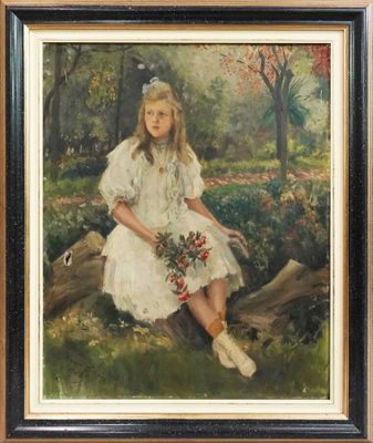 une peinture à l'huile représentant une jeune fille assise sur une bûche dans les bois