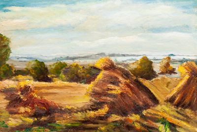 a painting of hay stacks in a field with trees in the background