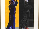 tableau représentant un homme et une femme vêtus de noir et de bleu et portant un masque