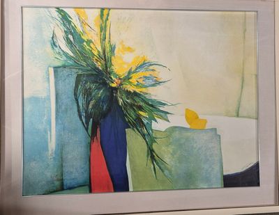 une peinture de fleurs dans un vase sur une table