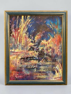 une peinture à l'huile représentant un paysage avec des arbres et de l'eau