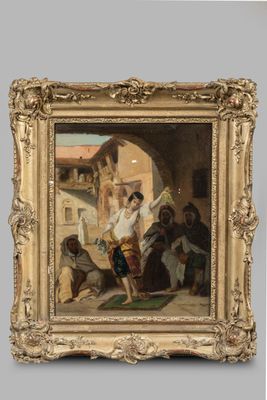 une image représentant un tableau où l'on voit un homme tenant une épée devant un groupe de personnes