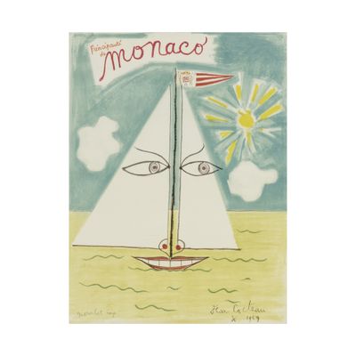 un dessin représentant un voilier sur l'eau, avec le soleil en arrière-plan