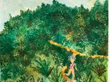un tableau représentant une femme marchant sur un sentier dans les bois